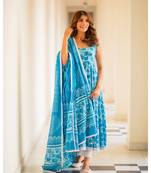 Turquoise Dabu Print Cotton Anarkali Dress Set