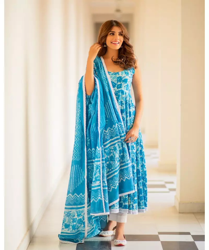 Turquoise Dabu Print Cotton Anarkali Dress Set