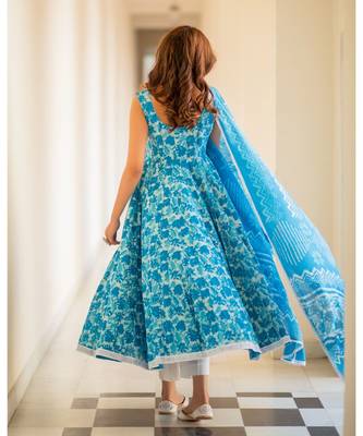 Turquoise Dabu Print Cotton Anarkali Dress Set 2