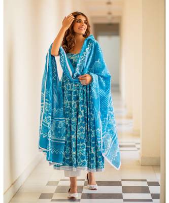 Turquoise Dabu Print Cotton Anarkali Dress Set 3