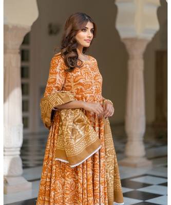 Mustard Dabu Print Cotton Anarkali Dress Set 1
