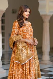 Mustard Dabu Print Cotton Anarkali Dress Set