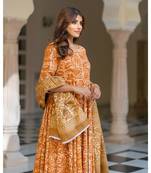 Mustard Dabu Print Cotton Anarkali Dress Set
