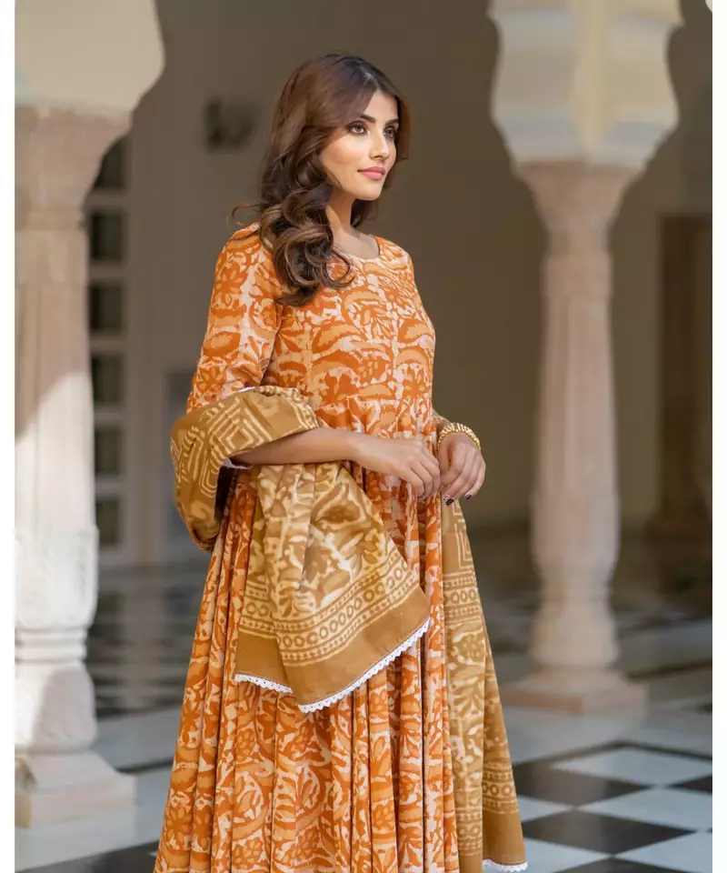 Mustard Dabu Print Cotton Anarkali Dress Set