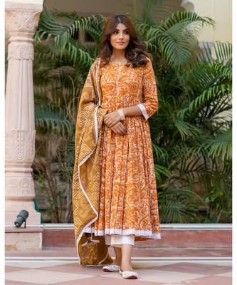 Mustard Dabu Print Cotton Anarkali Dress Set 2