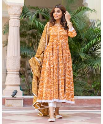 Mustard Dabu Print Cotton Anarkali Dress Set 3