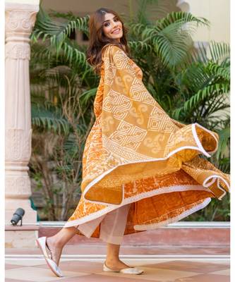 Mustard Dabu Print Cotton Anarkali Dress Set 4