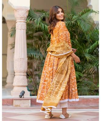 Mustard Dabu Print Cotton Anarkali Dress Set 5