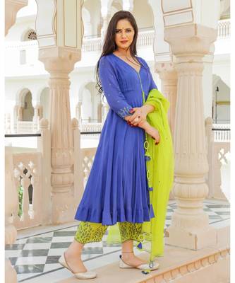 Fayre Embroidery Modal Anarkali Kurta Pant Dupatta Set 5