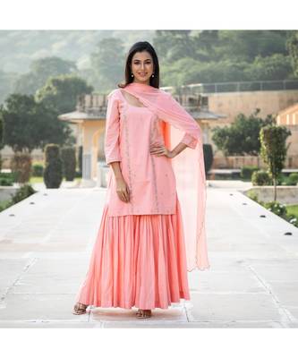 Peach Embroidery Cotton Sharara Suit Set 1