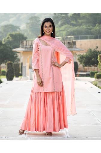 Peach Embroidery Cotton Sharara Suit Set