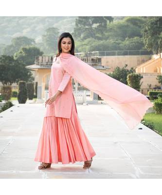 Peach Embroidery Cotton Sharara Suit Set 2