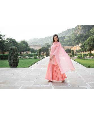 Peach Embroidery Cotton Sharara Suit Set 4