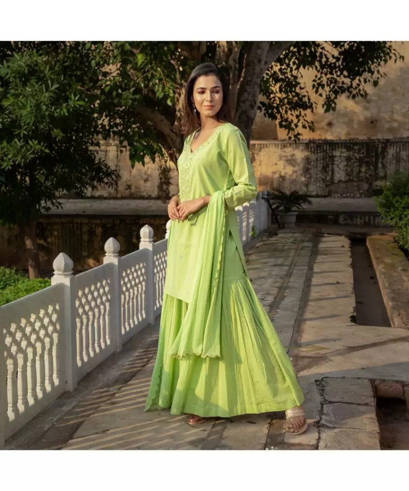 Pista Embroidery Cotton Sharara Suit Set