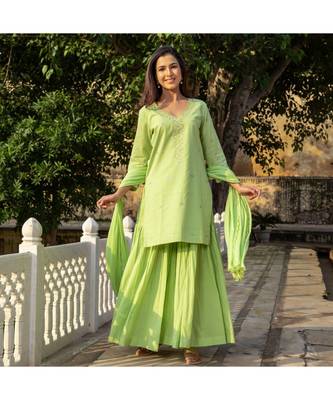 Pista Embroidery Cotton Sharara Suit Set 3