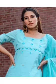 blue Embroidery Cotton Sharara Suit Set