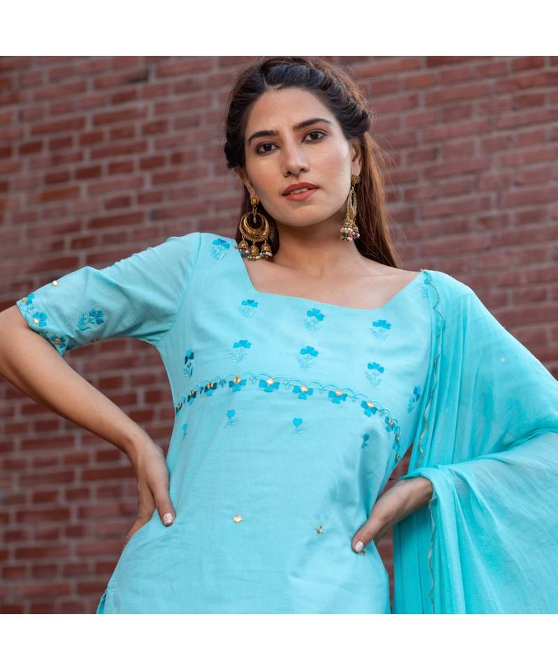 blue Embroidery Cotton Sharara Suit Set