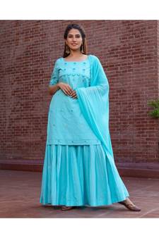 blue Embroidery Cotton Sharara Suit Set