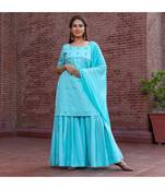 blue Embroidery Cotton Sharara Suit Set