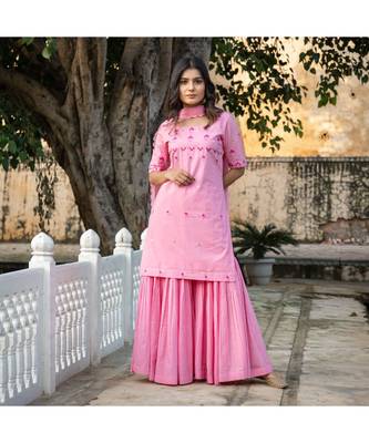 Pink Embroidery Cotton Sharara Suit Set 1