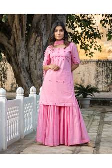 Pink Embroidery Cotton Sharara Suit Set