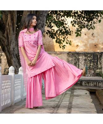 Pink Embroidery Cotton Sharara Suit Set 3
