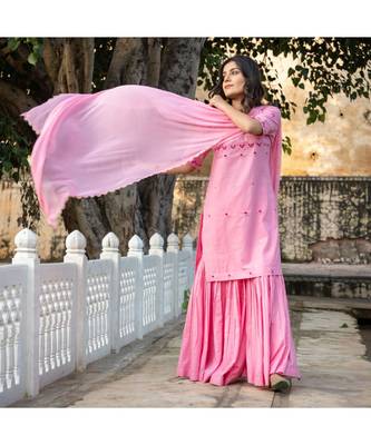 Pink Embroidery Cotton Sharara Suit Set 4