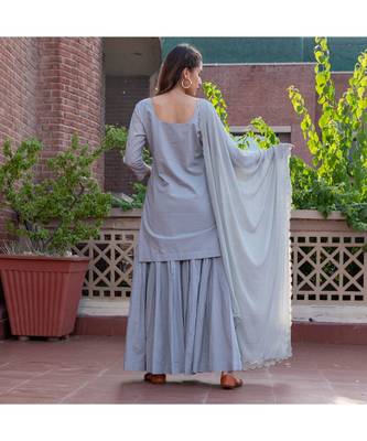 Grey Embroidery Cotton Sharara Suit Set 2