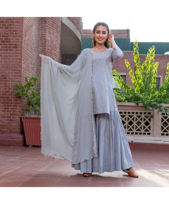 Grey Embroidery Cotton Sharara Suit Set 3