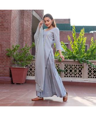 Grey Embroidery Cotton Sharara Suit Set 4
