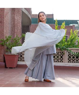 Grey Embroidery Cotton Sharara Suit Set 1