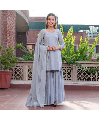 Grey Embroidery Cotton Sharara Suit Set 5