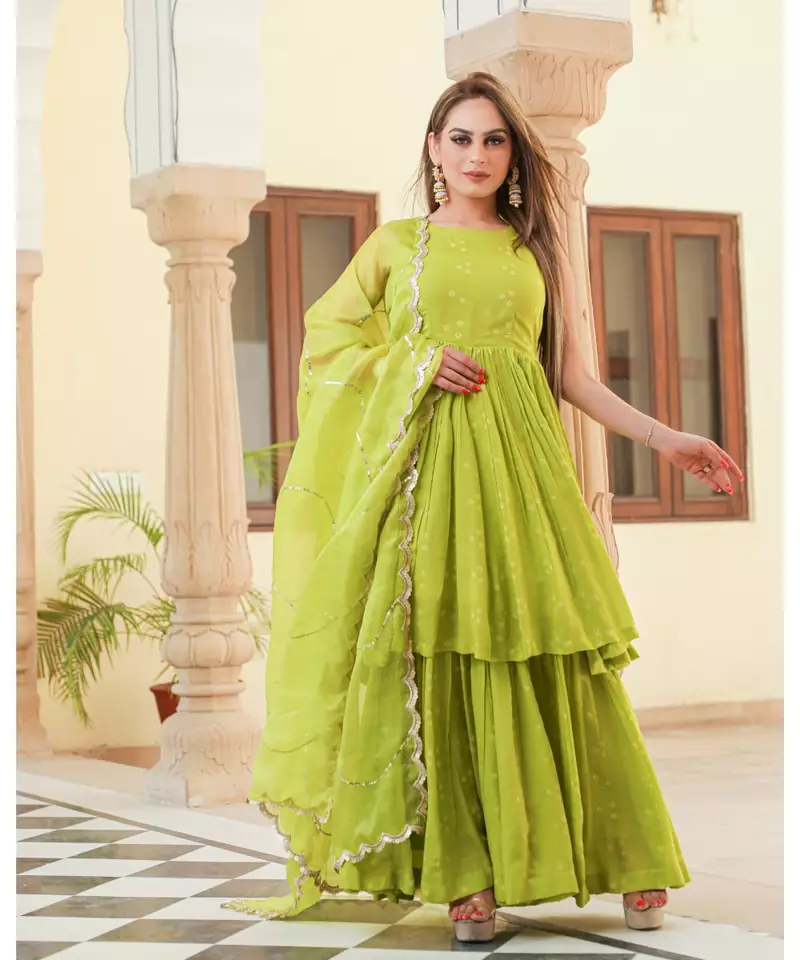 Naava Bandhej Modal Kurta Sharara Dupatta Set