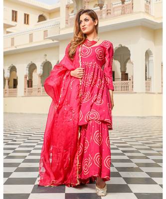 Rosy Bandhej Modal Kurta Sharara Dupatta Set 1