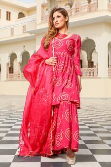 Rosy Bandhej Modal Kurta Sharara Dupatta Set
