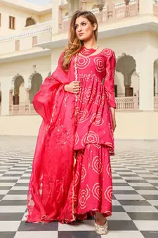 Rosy Bandhej Modal Kurta Sharara Dupatta Set