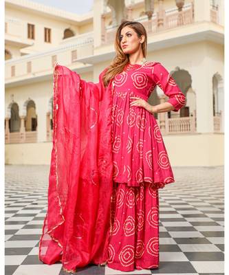 Rosy Bandhej Modal Kurta Sharara Dupatta Set 3
