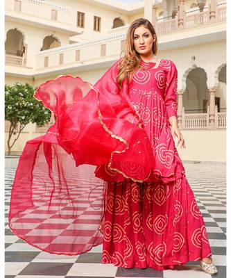 Rosy Bandhej Modal Kurta Sharara Dupatta Set 4