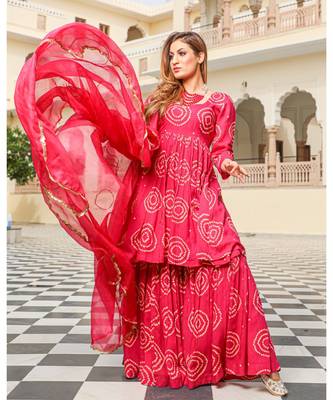 Rosy Bandhej Modal Kurta Sharara Dupatta Set 5