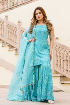 Ambar Bandhej Modal Kurta Sharara Dupatta Set