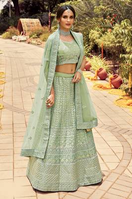 Delightfully Light-green zarkan, gota, zari, and resham embroidered organza Semi Stitched Bridal Lehenga 1