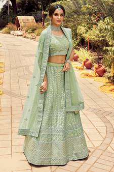 Delightfully Light-green zarkan, gota, zari, and resham embroidered organza semi stitched Bridal lehenga