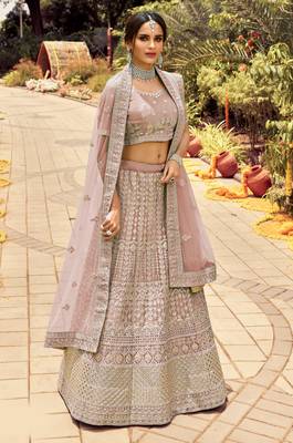 Attractive Light-purple zarkan, gota, zari, and resham embroidered organza Semi Stitched Dulhan Lehenga 1
