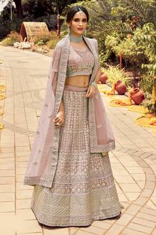 Attractive Light-purple zarkan, gota, zari, and resham embroidered organza semi stitched Dulhan lehenga