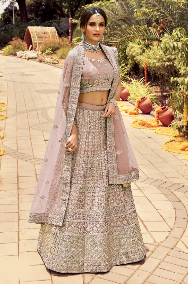 Attractive Light-purple zarkan, gota, zari, and resham embroidered organza semi stitched Dulhan lehenga