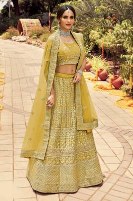 Captivating Light-yellow zarkan, gota, zari, and resham embroidered organza Semi Stitched Festive Lehenga 1