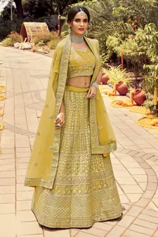 Captivating Light-yellow zarkan, gota, zari, and resham embroidered organza semi stitched Festive lehenga