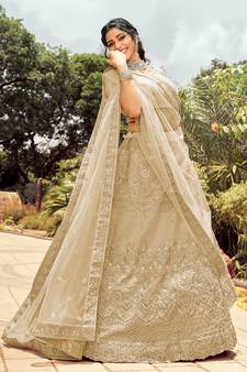 Appealing Beige dori, zari, and resham embroidered organza semi stitched Bridal lehenga