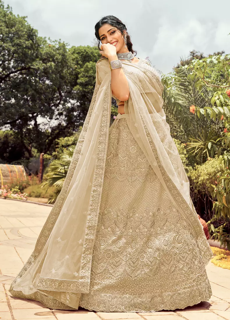 Appealing Beige dori, zari, and resham embroidered organza semi stitched Bridal lehenga