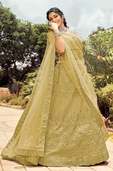 Engaging Yellow dori, zari, and resham embroidered organza semi stitched Dulhan lehenga